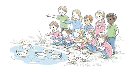 Captivating illustration showcasing playful children observing adorable ducks in a serene pond