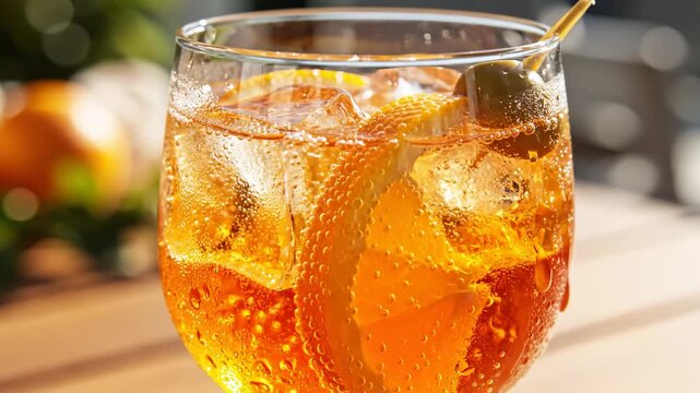 Close Up of Aperol Spritz Cocktail With Ice, Orange Slices, and Olive Garnishes