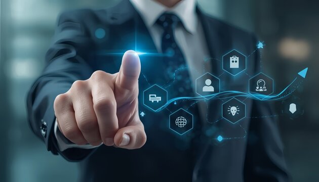 Elegant businessman touching a virtual screen with futuristic business icons for innovation and growth in a professional setting