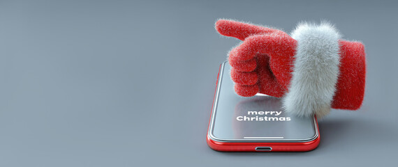 Concept of online Christmas shopping or holiday content. Santa Claus's hand in red knitted glove pointing at a smartphone with the words "merry Christmas" on screen. Grey isolated copy space banner