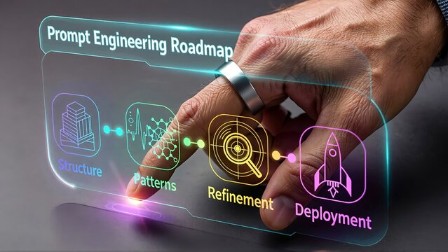 Prompt engineering roadmap presentation with touch interface for AI development strategy and data driven refinement for digital transformation