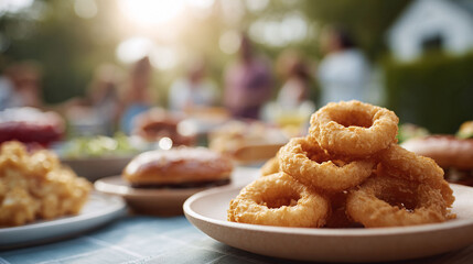 Golden fried onion rings tempt on a table laden with food, ready for a summer gathering. Celebratory, tasty, and delicious family moment. Ideal for lifestyle and food concepts.
