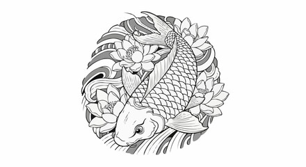 Elegant black and white line art of a Japanese Koi fish.