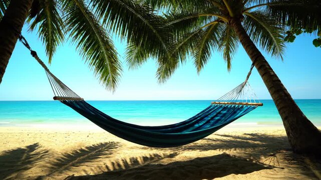 A comfortable hammock hanging between two palm trees on a tropical beach overlooking the turquoise ocean on a sunny day