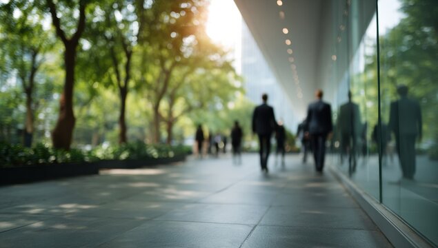 Blurred pedestrians business people urban walkway glass facade tree lined morning sunlight shallow depth motion blur city commute sidewalk businessman briefcase corporate downtown modern - Powered by Adobe