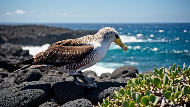 Nazca Booby Standing on Volcanic Rock Along the Coastline of Galapagos Islands