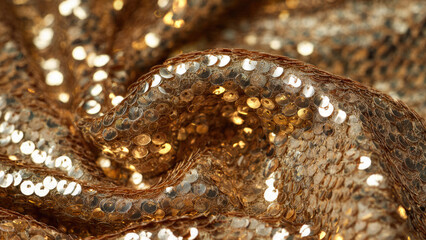 Close-up of sparkling golden sequin fabric, elegantly draped, showing a luxurious texture with countless shimmering discs catching and reflecting light.