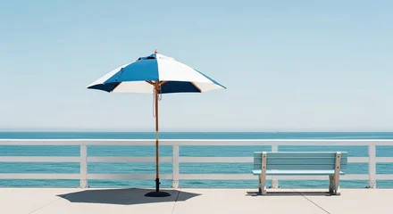 Foto auf Acrylglas Abstieg zum Strand A blue and white beach umbrella and a light blue bench on a sunny seaside pier overlooking the calm ocean, creating a serene and minimalist summer vacation scene  © Mr. Stocker