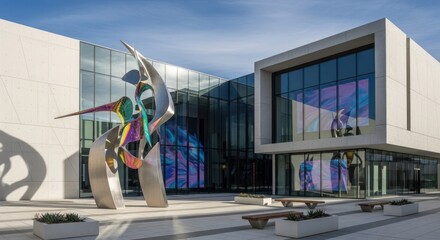 A modern, glass-fronted building with a large, colorful sculpture in front.