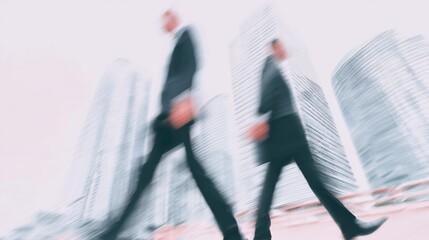 Blurred business people walking modern financial district with tall office building motion blur corporate commute suit urban skyline glass tower pedestrian bridge daytime multicultural