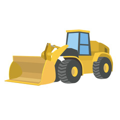 A stylized yellow front-end loader isolated on a white background, ready to work.
