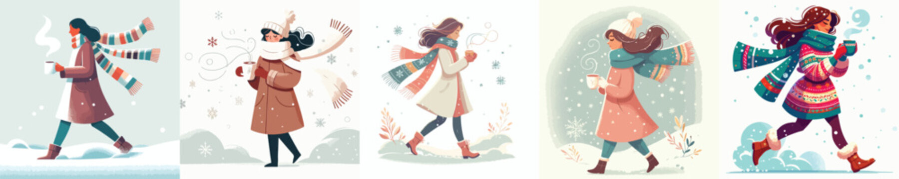 woman walking in the snow holding a warm mug