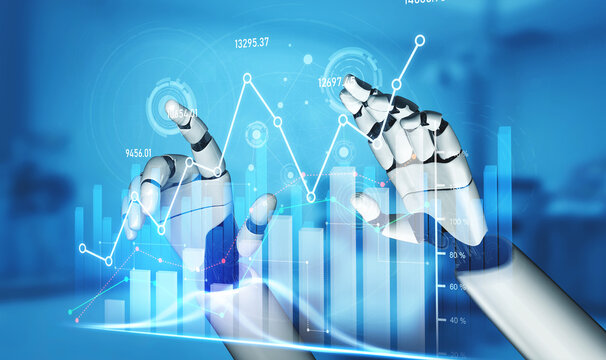 Robotic hands interact with vibrant digital graphs, symbolizing the fusion of artificial intelligence and data analysis in a modern technological landscape. Scalp