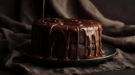 Pouring melted chocolate ganache over a decadent dark chocolate cake on a rustic plate - Powered by Adobe