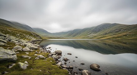 Serene mountain lake with calm, reflective water and a rocky shore, nestled in a green valley under a moody, overcast sky with low-hanging clouds and fog