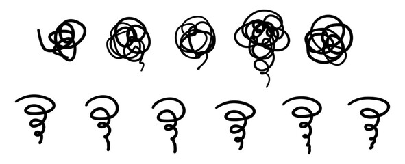 モヤモヤした感情の線画イラストアイコンセット。ぐるぐる、困る、ベクター