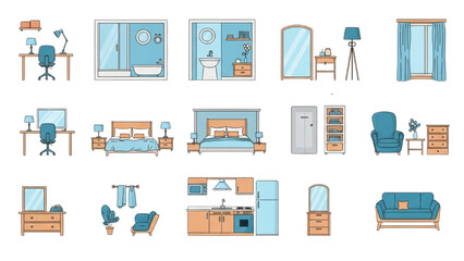 A collection of home interior icons featuring furniture and various room layouts
