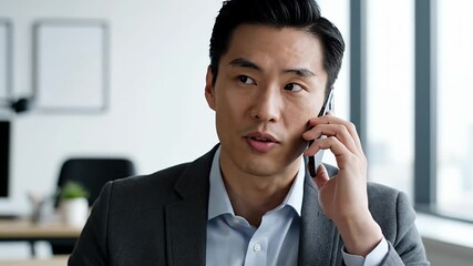 Close-up of a serious East Asian businessman talking on a smartphone in a modern office engaged in an important business conversation professional communication - Powered by Adobe