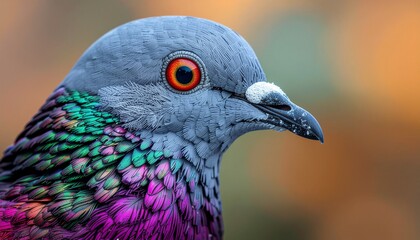 Close-up portrait of a beautiful pigeon with vibrant iridescent feathers and a bright orange eye