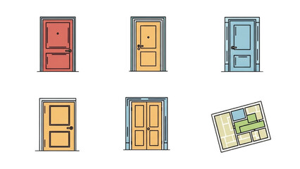 A diverse collection of illustrated doors and a floor plan representing architectural choices