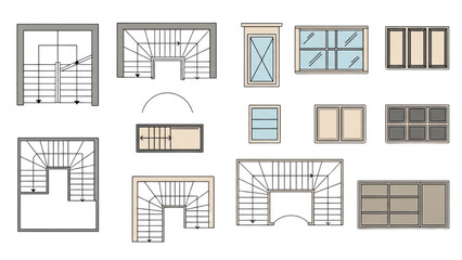 Floor Plan Architectural Elements Stairs and Windows Vector Set