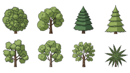 A diverse collection of stylized green tree illustrations, including deciduous and coniferous types