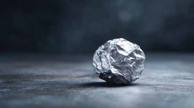 Studio shot of crumpled silver foil ball. The abstract texture, reflective surface, and dark background evoke concepts like recycling, waste, and creativity.
