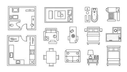 Home Furnishings and Room Layouts Vector Icon Set for Interior Design