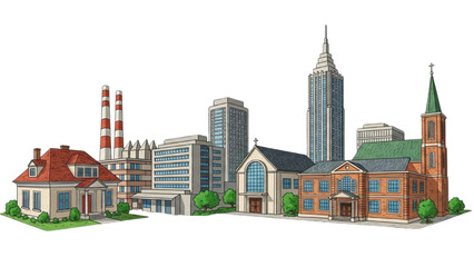 Obraz premium Cityscape Illustration Buildings, Church, and Urban Landscape