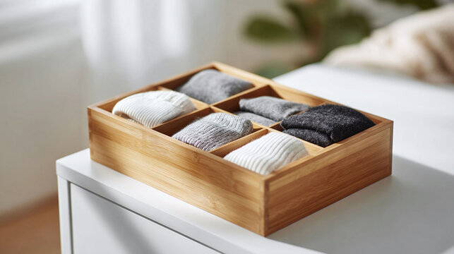 Organized drawer with folded socks in neutral tones. Concept for tidiness, home organization, and sustainable living. Use for lifestyle, home decor blogs.