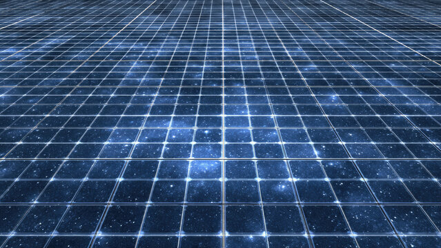 A futuristic blue grid with glowing points creates an infinite, technological surface, evoking digital networks, solar panels, or a star-filled data landscape. - Powered by Adobe