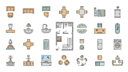 Top-down view of furniture and home decor elements arranged in a grid