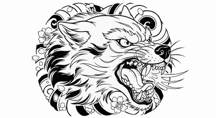 Detailed Line Art of a Snarling Wolf Head with Floral Accents.