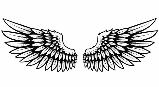 Detailed illustration of a pair of majestic angel wings in black and white.