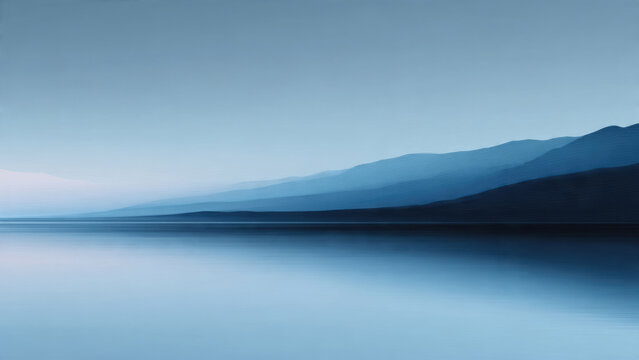 A serene blue landscape featuring a calm lake reflecting a clear sky, with distant mountains fading into the horizon. - Powered by Adobe