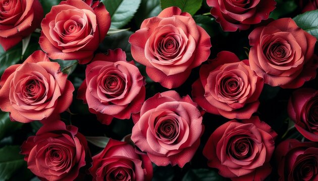 Lush arrangement of deep red roses viewed from above, a timeless expression of passion, love, and affection for anniversaries or Valentine's Day