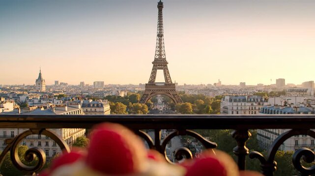 A delectable fruit dessert served on a balcony with a breathtaking view of the Eiffel Tower and the Paris cityscape during a sunny morning