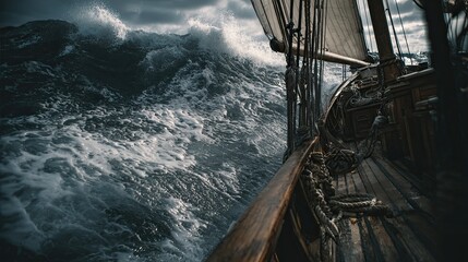 A sailboat during a storm in the ocean. Wooden ship. Real photo