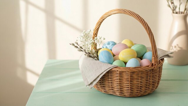Easter basket with pastel colored eggs and dried flowers on table  