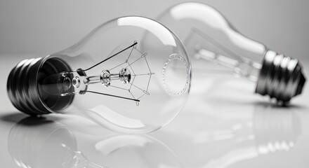 A detailed close-up of a transparent incandescent light bulb lying on a reflective white surface, with another bulb blurred in the background, symbolizing ideas and innovation