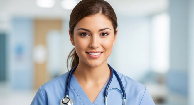 A young, female nurse in blue scrubs and a stethoscope, standing in a hospital corridor. - Powered by Adobe