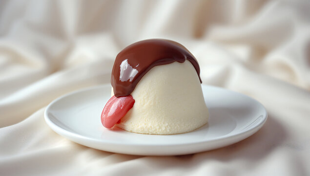 Elegant Dessert Delight A Gourmet Panna Cotta with Chocolate Glaze and Delicate Accents