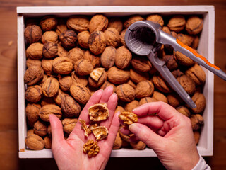 Freshly cracked walnuts over a box of nuts