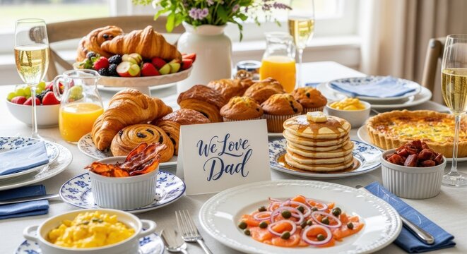 A table set with a variety of breakfast foods, including croissants, eggs, and pancakes, with a sign that says 'We Love Dad' in the center.