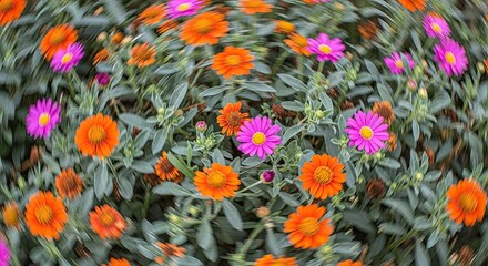 An artistic top-down view of a flowerbed with bright orange and pink asters, featuring a dynamic swirl and motion blur effect that creates a psychedelic and abstract floral pattern
