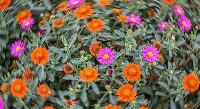 An artistic top-down view of a flowerbed with bright orange and pink asters, featuring a dynamic swirl and motion blur effect that creates a psychedelic and abstract floral pattern