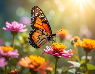 Obraz premium Close-up of a Monarch butterfly on a vibrant pink flower, sunlight bokeh