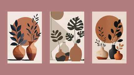 Abstract botanical wall art. Abstract plant wall decor. Contemporary poster set of potted flowers boho style. Modern organic shapes, hand drawn vector illustration