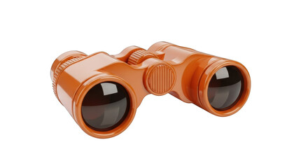 A bright orange pair of binoculars with dark lenses and ribbed details on a background optics