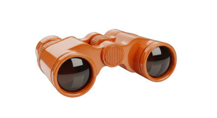 A bright orange pair of binoculars with dark lenses and ribbed details on a background optics